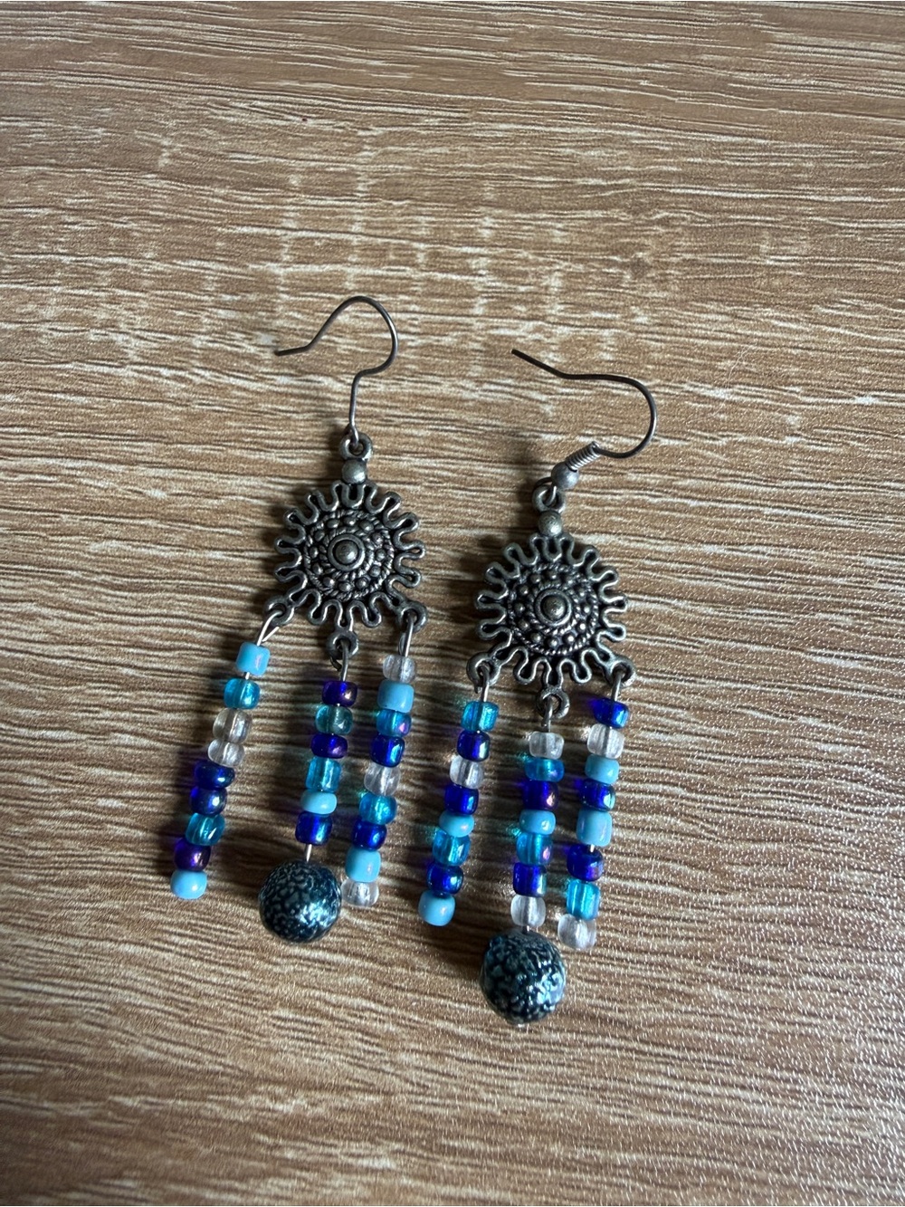 Blue Beaded Sunburst Drop Earrings